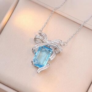 Light Blue Crystal Bow Pendant Necklace for Women